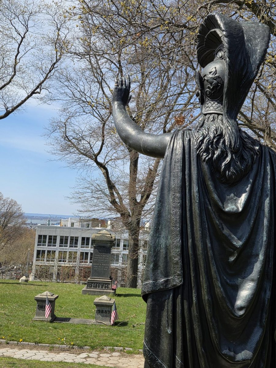 The Altar to Liberty: The bronze statue of Minerva waving to the Statue of Liberty.